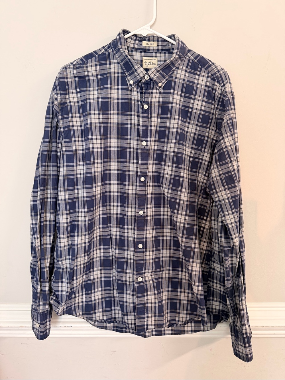 J. Crew Men's Navy and White Plaid Button-Down Shirt